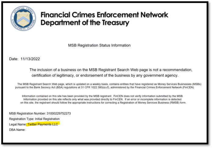 Twitter registered as Money Services Business with FinCEN